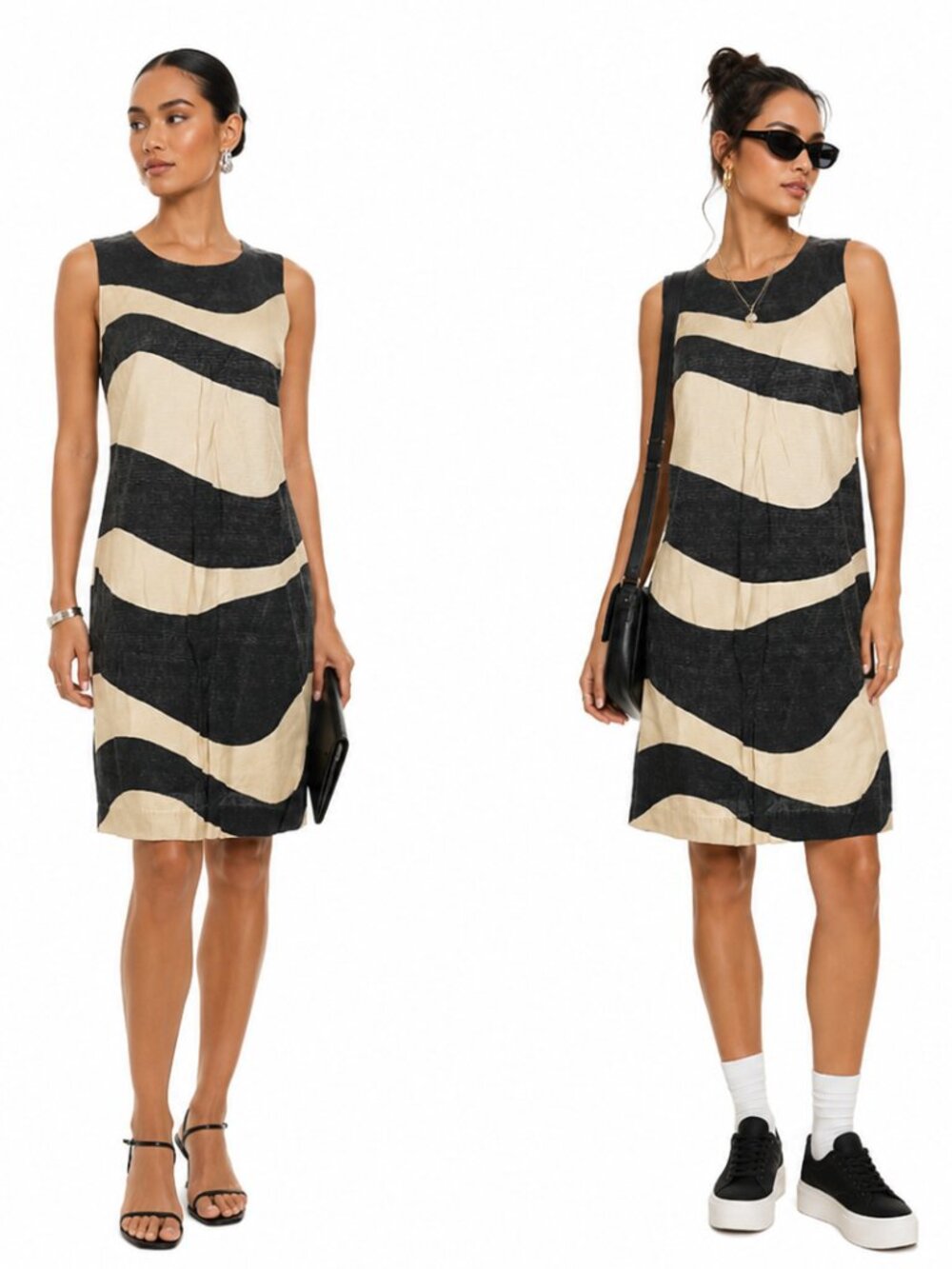 Dana Buchman Linen Blend Black and Cream Wave-Stripe Midi Dress